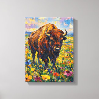 Toile Peinture abstraite de buffles dans un champ de fle