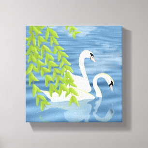 Toile Peinture Couple bleu et vert de cygnes sur le lac