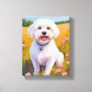 Toile Peinture de champ de fleurs de chien maltais