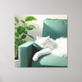 Toile Peinture de chat dormant sur un canapé vert