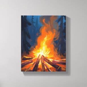 Toile Peinture de forêt aquarelle au feu de camp