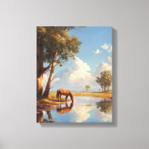 Toile Peinture de réflexion de cheval d'étang ensoleillé