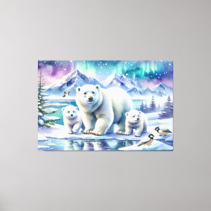 Toile Peinture de scène enneigée de famille d'ours polai