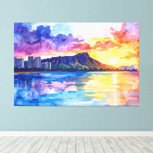 Toile Peinture de Waikiki et Diamond head Oahu