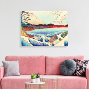 Toile Peinture japonaise Vagues Montagnes Arbres