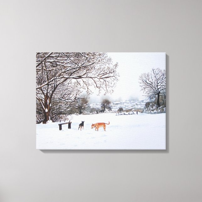 Toile peinture paysage de neige avec chiens (Recto)