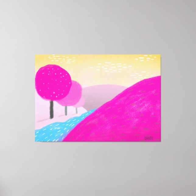 Toile Peinture rose vif des collines rivière art origina (Recto)