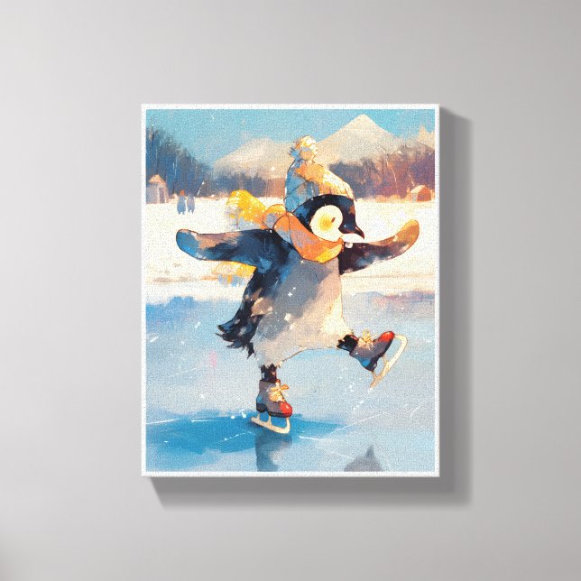 Toile Penguin Ice Skating Winter Nursery Wall Art Canvas (Recto)