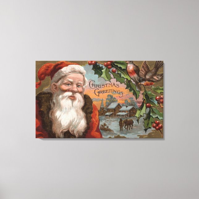 Toile Père Noël avec Holly, scène de village (Recto)