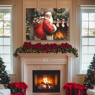Toile Père Noël debout devant une cheminée