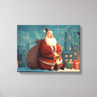 Toile Père Noël prenant une pause sur un toit – Nuit de