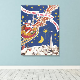 Toile Père Noël vintage de Noël avec rennes volants