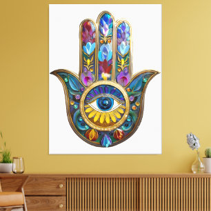 Toile Pétales Colorés Feuilles Hamsa Saphir Troisième Oe