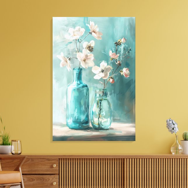Toile Pétales et porcelaine : Vase Rose fermier Aquarell (Insitu(Salon))
