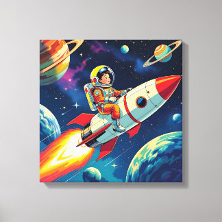 Toile Petit garçon à bord d'un navire à fusée volant dan