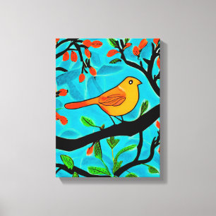 Toile Petit oiseau orange sur une branche de fleurs