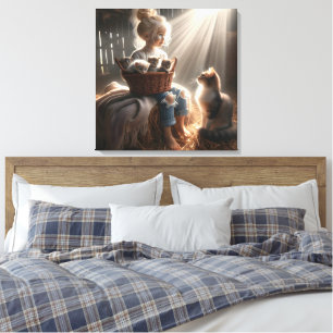 Toile Petite fille avec un panier de chatons