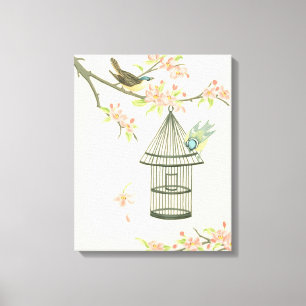 Toile Petits oiseaux perchés sur une branche et sur une