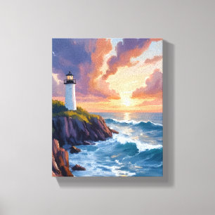 Toile Phare côtier au coucher du soleil   Peinture de l'