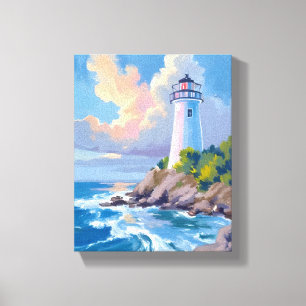 Toile Phare côtier Mer aux vagues de l'océan bleu