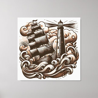 Toile Phare et navire en mer - Vintage gravé