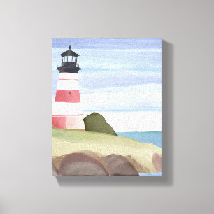 Toile Phare rouge Peinture aquarelle de l'océan côtier