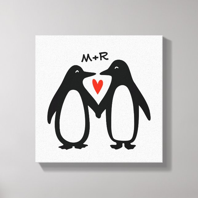 Toile Pingouins tenant les mains mignonnes Couple Initia (Recto)