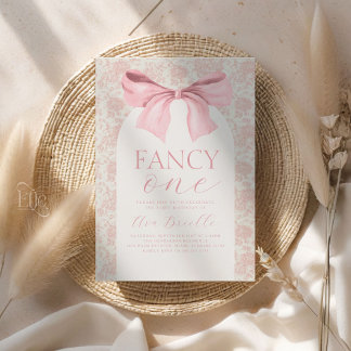 Toile Pink Bow Fancy One Girls Birthday Invitation