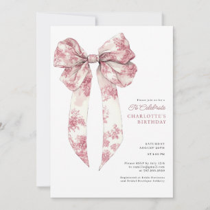 Toile Pink Coquette Bow Birthday Invitation