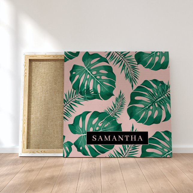 Toile Pink & Green Palm Feuille Motif & nom (Créateur téléchargé)