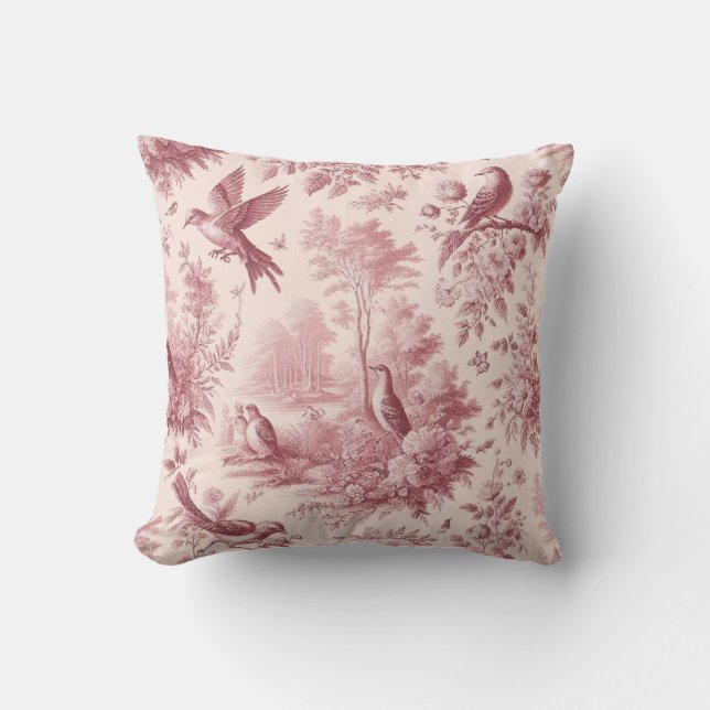 Toile Pink Vintage Throw Pillow (Front)