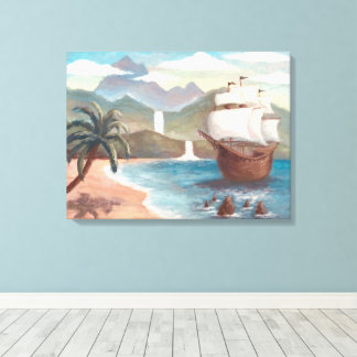 Toile Pirate Ship on Ocean with Island