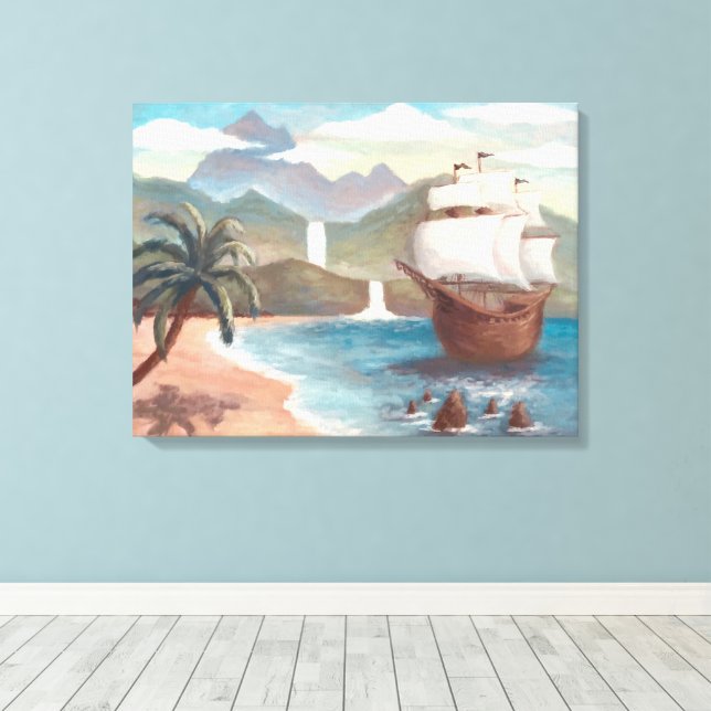 Toile Pirate Ship on Ocean with Island (Insitu (Plancher de Bois))