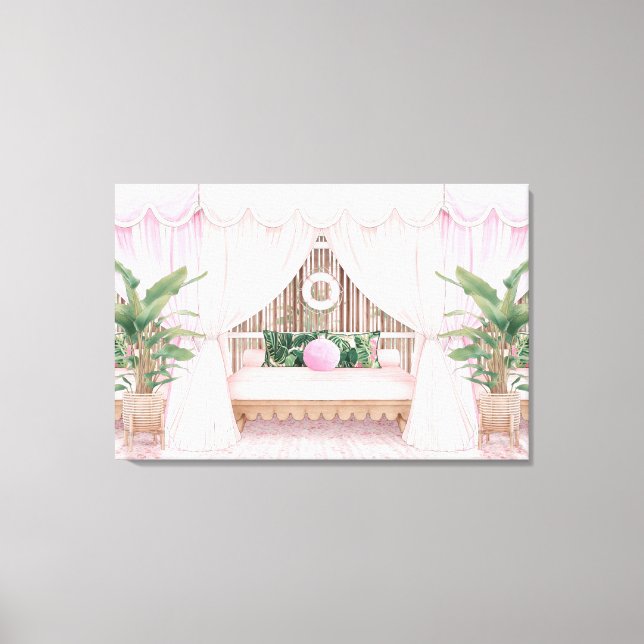 Toile Piscine d'hôtel à rayures roses et blanches Cabana (Recto)