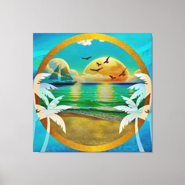 Toile Plage Tropicale Moderne Palmiers Coucher de Soleil (Recto)