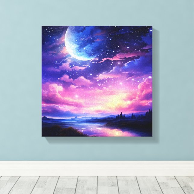 Toile Pleine lune Céleste Étoiles Nuages Mystique Violet (Insitu (Plancher de Bois))