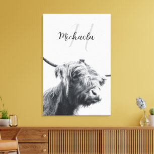 Toile portrait de vache highland monogramme initial noir