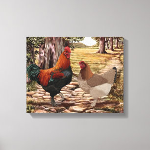 Toile Poule et coq de Marans dans un arrangement boisé