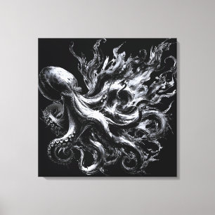 Toile Poulpe Kraken Fluide Encre Abstraite