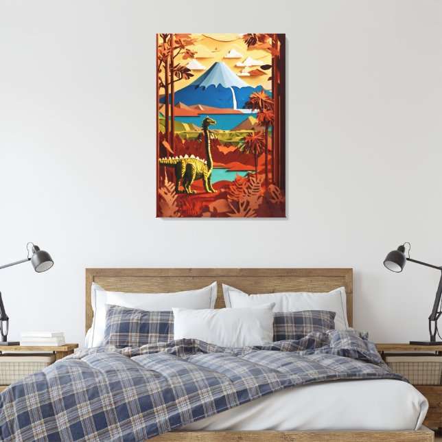 Toile Prehistoric Serenity: Paper Cut Dinosaur Landscape (Insitu(Chambre))