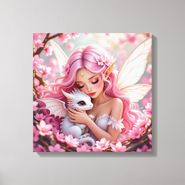 Toile Pretty Pink Elven Fairy & Dragon  (Recto)