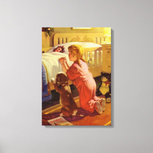 Toile Prières au coucher, Fille avec chiot, Religion Vin