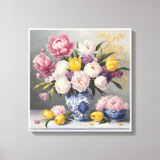 Toile Printemps Chinoiserie Bleu Blanc Vase Peonies Tuli