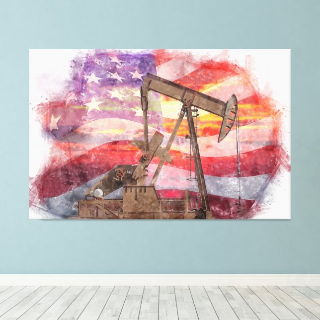 Toile Pumpjack silhouette pastille Drapeau américain (Insitu (Plancher de Bois))