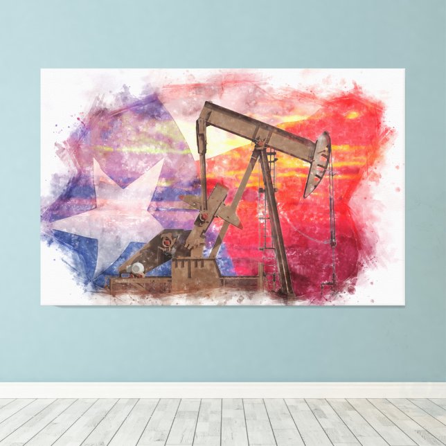 Toile Pumpjack Texan icône dessin pastel avec Texas Flag (Insitu (Plancher de Bois))