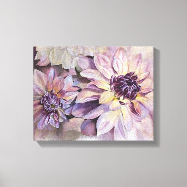 TOILE PURPLE ET JAUNE DAHLIAS PEINTURE DE CANVAS WRAPELÉ (Recto)