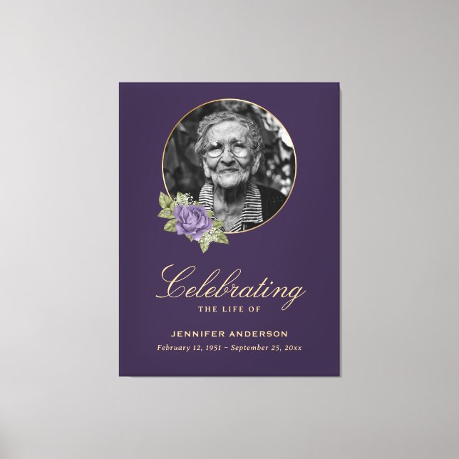 Toile Purple Gold Floral Photo Funeral Affiche de bienve (Recto)