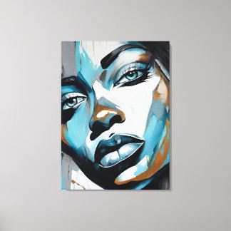 Toile Quadro abstrato rosto de mulher azul, cinza, preto