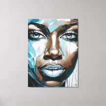 Quadro abstrato rosto de mulher azul, cinza, preto