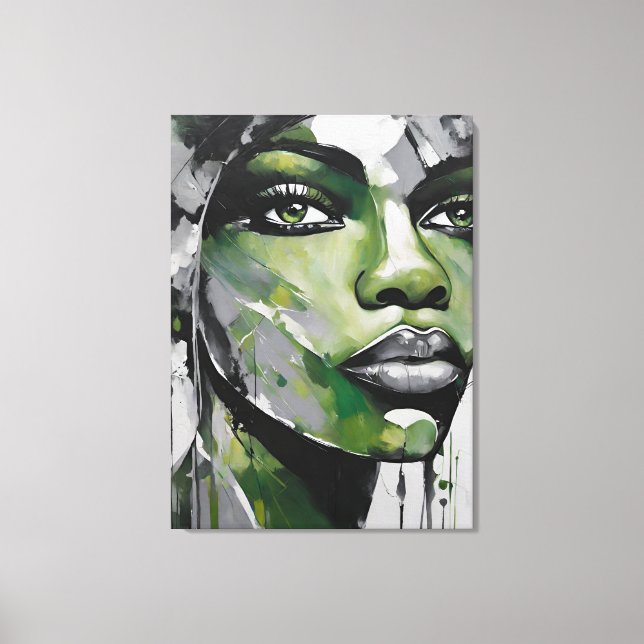 Toile Quadro abstrato rosto de mulher verde cinza, preto (Recto)